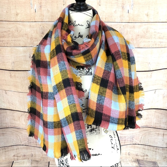 Accessories - Yellow Pink & Black Checkered Long Fashion Scarf